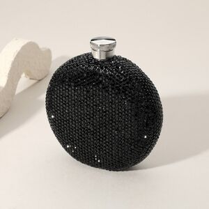 Jet Black Silver 5oz Round Sparkling Rhinestone Crystal Flask Bling